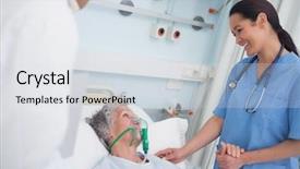  Presentation with medical hand - Theme featuring medical oxygen - nurse smiling to a patient background and a light gray colored foreground