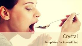  Presentation with capsules pills pill doctor prescription - Slides enhanced with medical pain - young casual woman eating pills background and a cream colored foreground