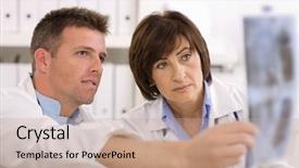  Presentation with gamma ray particle accelerator - PPT theme with medical partnership - doctors coworking looking at x-ray background and a coral colored foreground