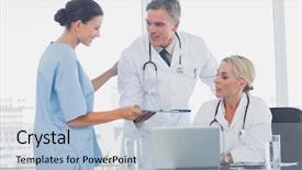  Presentation with nursing to nurse communication - Amazing slides having medical partnership - nurse giving folder to her backdrop and a  colored foreground