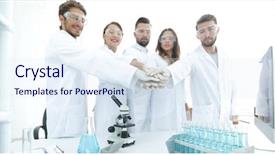  Presentation with partnership - Cool new PPT theme with medical partnership - successful team of young scientists backdrop and a sky blue colored foreground