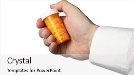  Presentation with chemistry white pills - Beautiful theme featuring medical perscription - hand holding bottle of pills backdrop and a light gray colored foreground