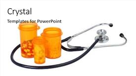  Presentation with bottles - Slide deck with medical perscription - stethoscope and pill bottles cutout background and a white colored foreground