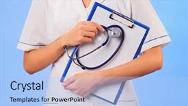  Presentation with blue eyes technology high tech - Presentation theme having medical personnell - doctor with copyspaced clipboard waist-high background and a  colored foreground