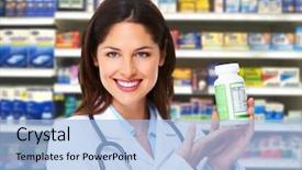  Presentation with pharmacist - Audience pleasing theme consisting of medical pharmacist woman at drugstore backdrop and a  colored foreground