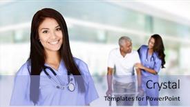  Presentation with elderly care - Audience pleasing PPT theme consisting of medical physical rehabilitation - health care worker helping backdrop and a light blue colored foreground