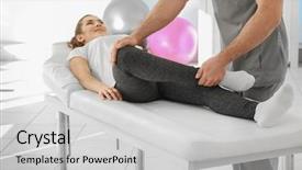  Presentation with working in a clinic - Beautiful PPT theme featuring medical physical rehabilitation - physiotherapist working with patient backdrop and a light gray colored foreground
