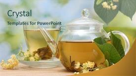  Presentation with tea cup - Theme featuring medical plants - teapot and cup with linden background and a sky blue colored foreground