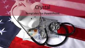  Presentation with piggy bank is evil - Audience pleasing PPT theme consisting of medical politics - stethoscope with dollar banknotes backdrop and a red colored foreground