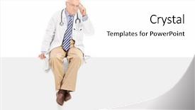  Presentation with mature students sitting at desks - Presentation theme with medical poster - pensive mature doctor sitting background and a  colored foreground