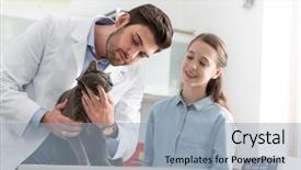  Presentation with cat - Beautiful slides featuring medical preadolescence - doctor and girl checking cat backdrop and a light blue colored foreground