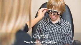  Presentation with trial - Colorful PPT theme enhanced with medical preadolescence - female optician determining prescription values backdrop and a gray colored foreground