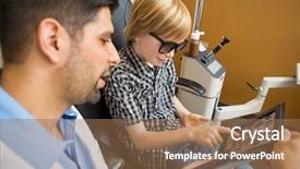  Presentation with optometrist - PPT layouts enhanced with medical preadolescence - preadolescent boy looking at stereoacuity background and a coral colored foreground