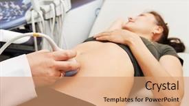  Presentation with medical equipment - PPT theme having medical pregnant - doctor hand with ultrasonic equipment background and a coral colored foreground