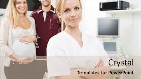  Presentation with gynecologist - Cool new presentation design with medical pregnant - portrait of young female gynecologist backdrop and a  colored foreground