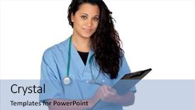  Presentation with medical folder blank or clipboard - Colorful presentation theme enhanced with medical profesionals - attractive brunette doctor backdrop and a  colored foreground