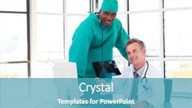  Presentation with doctor in hospital health insurance related icons healthcare person saving medical - Colorful presentation theme enhanced with medical profesionals - doctor and surgeon looking backdrop and a teal colored foreground