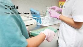  Presentation with medical equipment - Slide deck featuring medical professional steralizing equipment background and a light gray colored foreground