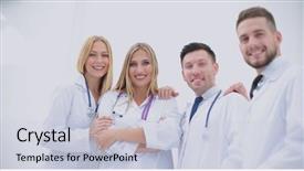  Presentation with multiracial team of young doctors stacking hands - Presentation featuring medical professionals - happy and confident team background and a  colored foreground