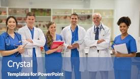  Presentation with medical students - Theme consisting of medical professor smiling at camera with students at the university background and a ocean colored foreground