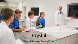  Presentation with medical students - PPT theme featuring medical professor teaching young students background and a soft green colored foreground