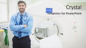  Presentation with mri - Colorful slides enhanced with medical prognosis - portrait of doctor standing near backdrop and a  colored foreground