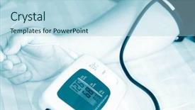  Presentation with measurement - Audience pleasing PPT theme consisting of medical prognosis - tonometer measurement of arterial pressure backdrop and a light blue colored foreground