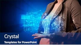  Presentation with hologram - Beautiful presentation theme featuring medical project - young person holding hologram projection backdrop and a  colored foreground