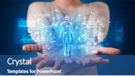  Presentation with medical graphs - Cool new PPT theme with medical project - young person holding hologram projection backdrop and a teal colored foreground