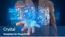  Presentation with medical graphs - Colorful theme enhanced with medical project - young person holding hologram projection backdrop and a ocean colored foreground