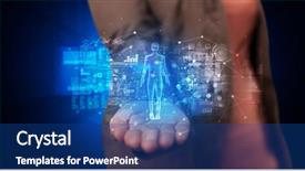  Presentation with medical graphs - PPT theme featuring medical project - young person holding hologram projection background and a ocean colored foreground