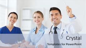  Presentation with conference - Colorful presentation theme enhanced with medical question - group of happy doctors backdrop and a light blue colored foreground