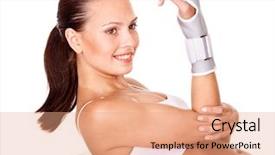 Presentation with wrist injuries - PPT theme having medical rechabilitation - woman with wrist brace isolated background and a coral colored foreground