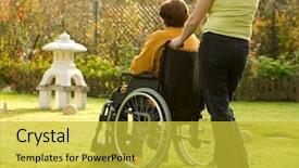  Presentation with wheelchair - Slide deck consisting of medical recovery - disabled senior woman background and a yellow colored foreground