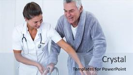  Presentation with helping man - Theme featuring medical recovery - female doctor helping senior man background and a  colored foreground
