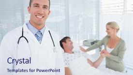  Presentation with recovery room - PPT layouts having medical recovery - smiling doctor looking at camera background and a sky blue colored foreground