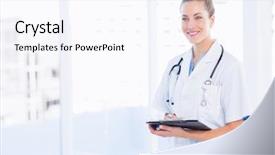  Presentation with medical clipboard - Amazing presentation design having medical rep - portrait of a confident female backdrop and a sky blue colored foreground