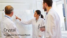  Presentation with drug - Beautiful presentation featuring medical representatives - doctors analyzing flipchart with drug backdrop and a light gray colored foreground