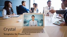  Presentation with video conference - PPT theme enhanced with medical representatives - incoming video call of business background and a coral colored foreground