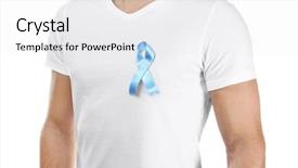  Presentation with blue ribbon symbol - Presentation design consisting of medical reproductive system - young man in t-shirt background and a white colored foreground