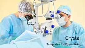  Presentation with retina - Colorful theme enhanced with medical retina - surgeon doctors in operation room backdrop and a light blue colored foreground
