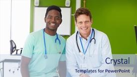  Presentation with medicine - Amazing PPT theme having medical school - portrait of student and tutor backdrop and a  colored foreground