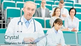  Presentation with physician - PPT layouts consisting of medical school - senior man doctor or physician background and a sky blue colored foreground