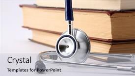  Presentation with medical books - Colorful presentation design enhanced with medical school - stethoscope on a pile backdrop and a light gray colored foreground