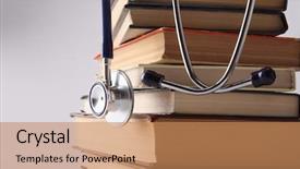  Presentation with medical books - Beautiful presentation design featuring medical school - stethoscope on pile of books backdrop and a coral colored foreground
