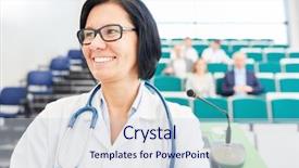  Presentation with apprenticeship - Colorful presentation enhanced with medical school - woman as doctor or physician backdrop and a sky blue colored foreground