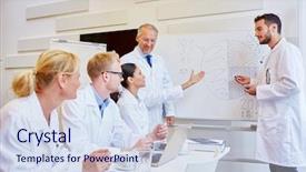  Presentation with graphics - Colorful presentation theme enhanced with medical seminar with doctors analyzing backdrop and a sky blue colored foreground