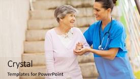  Presentation with caregiver - Slide deck with medical seniors - young caregiver helping senior woman background and a soft green colored foreground