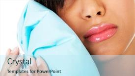  Presentation with army person pressing remote baton - PPT theme with medical shee - woman pressing her bruised cheek background and a cool aqua colored foreground