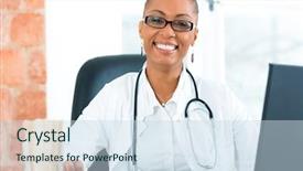  Presentation with black female - Presentation theme featuring medical shee - young female black doctor sitting background and a sky blue colored foreground